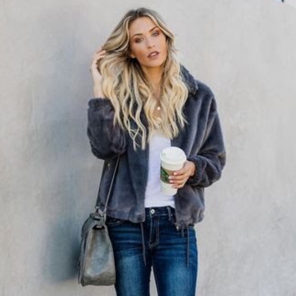 VICI Faux Fur Pocket Drawstring Jacket Charcoal S - Picture 2 of 5